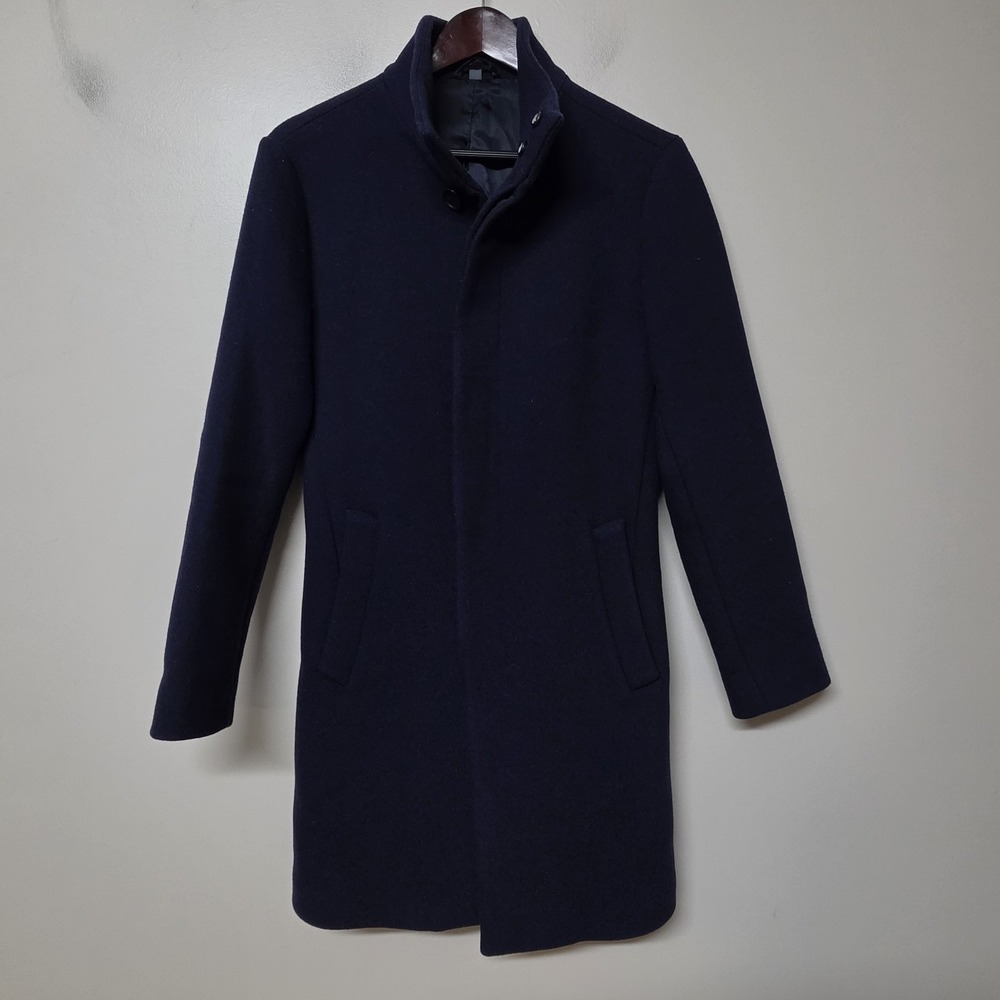 Bonobos Men 36R Slim Fit Navy Blue Wool Blend Overcoat Topcoat Stand Collar